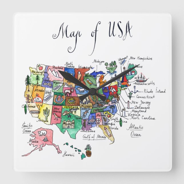 Horloge Carrée Carte des attractions des États-Unis d'Amérique (Recto)