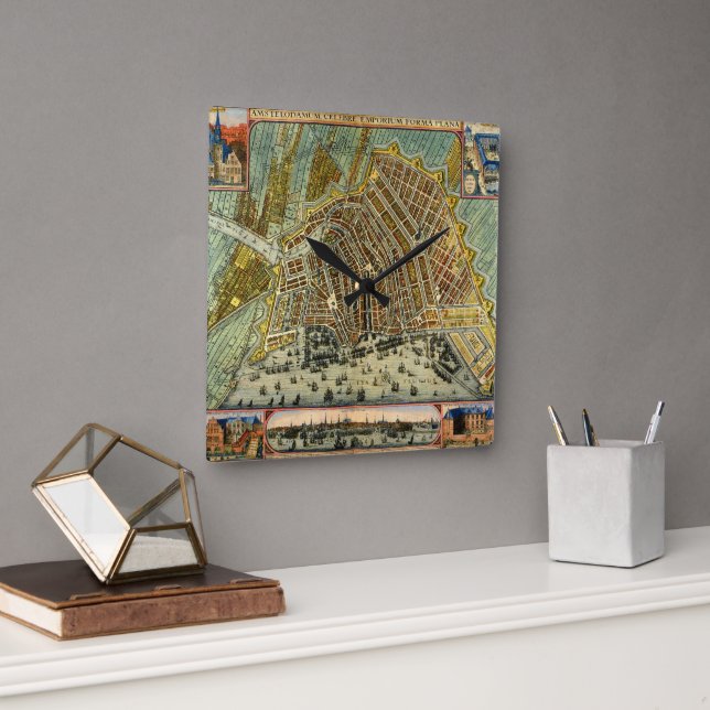 Horloge Carrée Carte des rues antiques d'Amsterdam, Pays-Bas (Bureau)