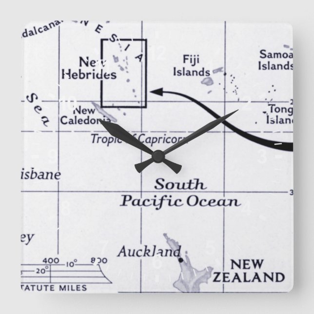 Horloge Carrée Carte d'océan de South Pacific (Recto)