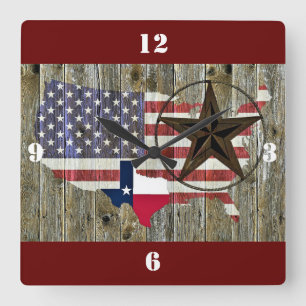 Horloge Carrée Carte du drapeau de l'État de Texas Lone Star
