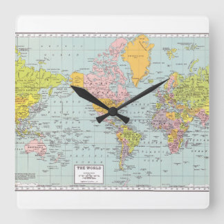 Horloge Carrée Carte du monde avec bordure blanche