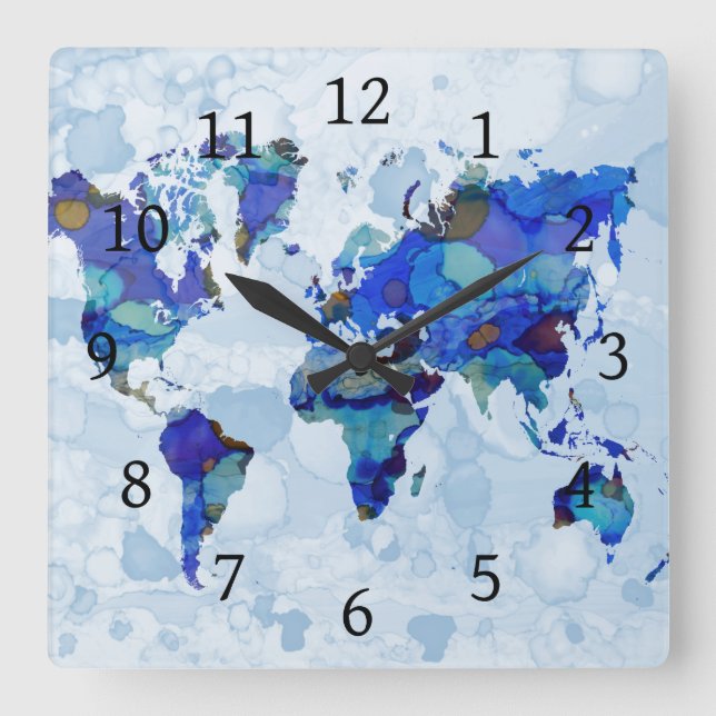 Horloge Carrée Carte du monde Design 105 (Recto)