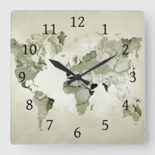 Horloge Carrée Carte du monde vert clair 123