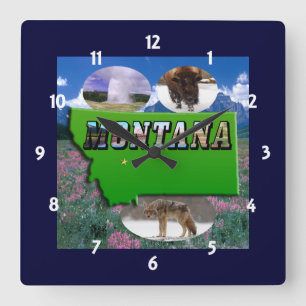 Horloge Carrée Carte du Montana, texte de l'image et horlogerie d