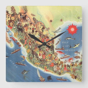 Horloge Carrée Carte imagée du Mexique par Miguel Gomez la Médi
