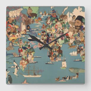 Horloge Carrée Carte imagée du monde