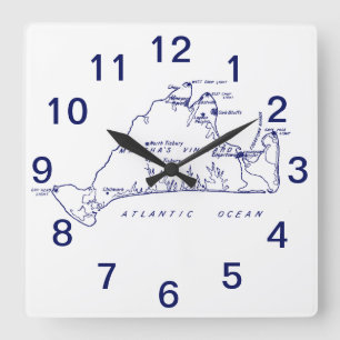 Horloge Carrée Carte vintage de Martha's Vineyard n°1 bleu marine