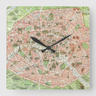 Horloge Carrée Carte vintage de Paris (1920)
