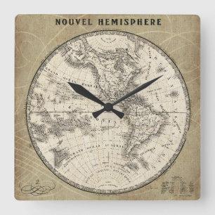 Horloge Carrée Carte vintage d'hémisphère nord