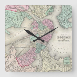 Horloge Carrée Carte vintage du port de Boston (1857)