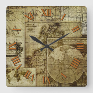 Horloge Carrée Cartes anciennes et vintage de l'ancien monde