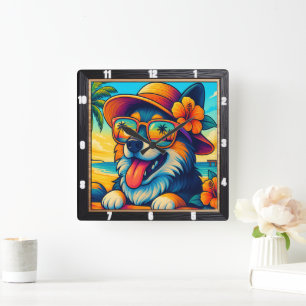 Horloge Carrée Carton de lunettes de soleil de chien tropical
