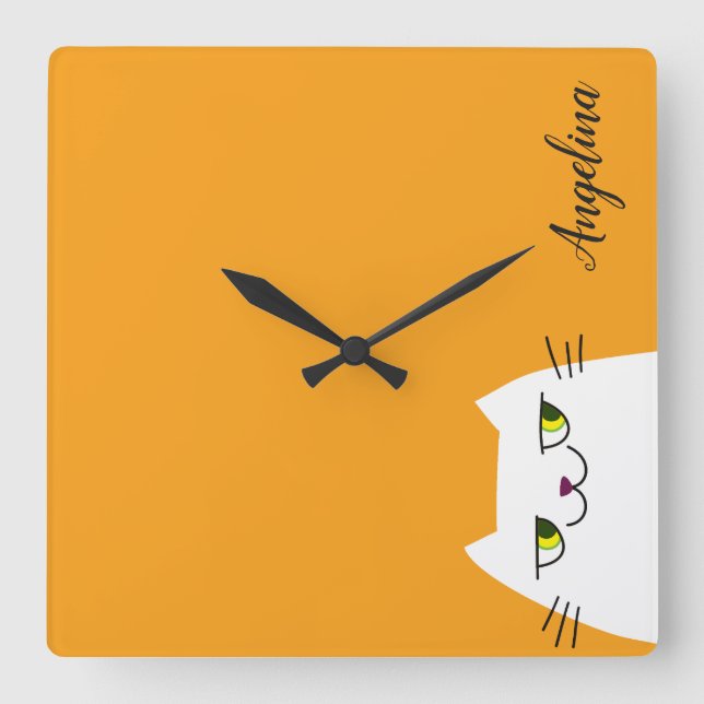 Horloge Carrée Cartoon Funny White Cat Monogram Yellow (Recto)