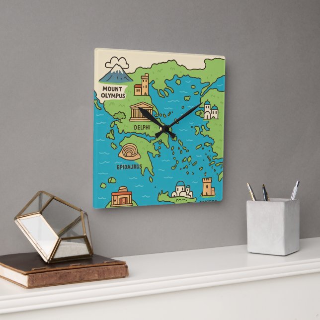 Horloge Carrée Cartoon Map of Greece – Illustrated Landmarks  (Bureau)