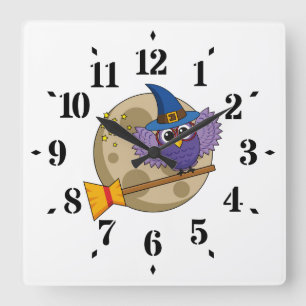 Horloge Carrée Cartoon Wizard Owl Flying on Broom