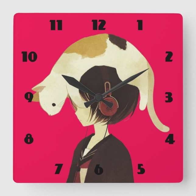 Horloge Carrée CASQUETTE CAT - Enfant Anime avec chat (Recto)