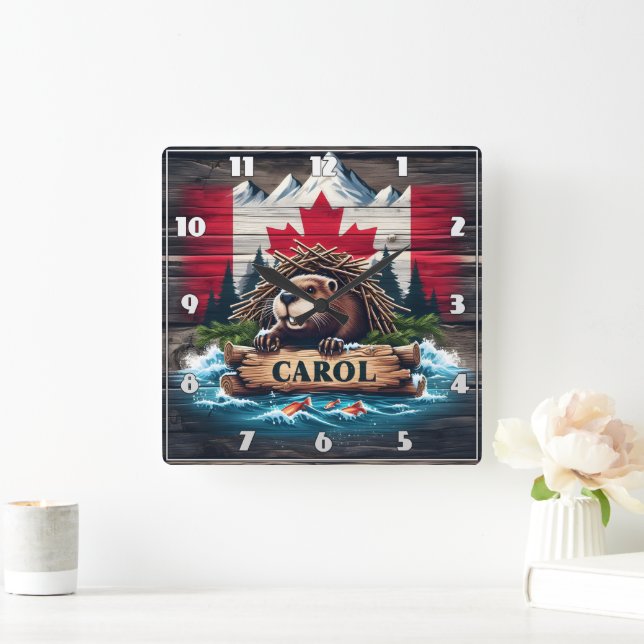 Horloge Carrée Castor canadien avec Arrière - plan du drapeau can (Maison)