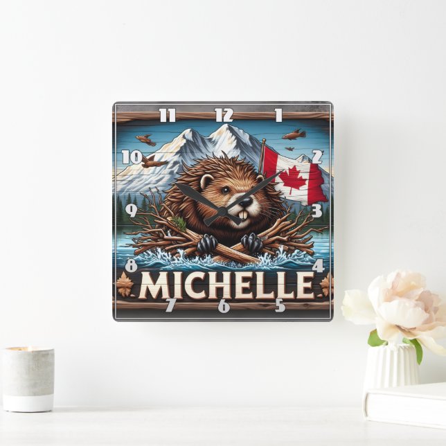 Horloge Carrée Castor Canadien Avec Scène Océanique Bleue (Maison)