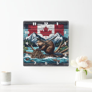 Horloge Carrée Castor canadien par le drapeau et les montagnes
