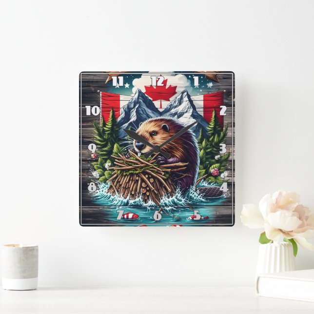 Horloge Carrée Castor canadien par Snowy Peaks (Maison)