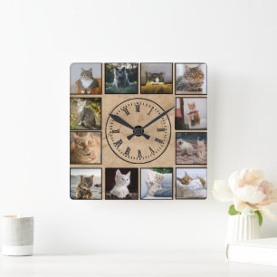 Horloge Carrée Cat Photos Collage Faux parchemin pager Arrière - 