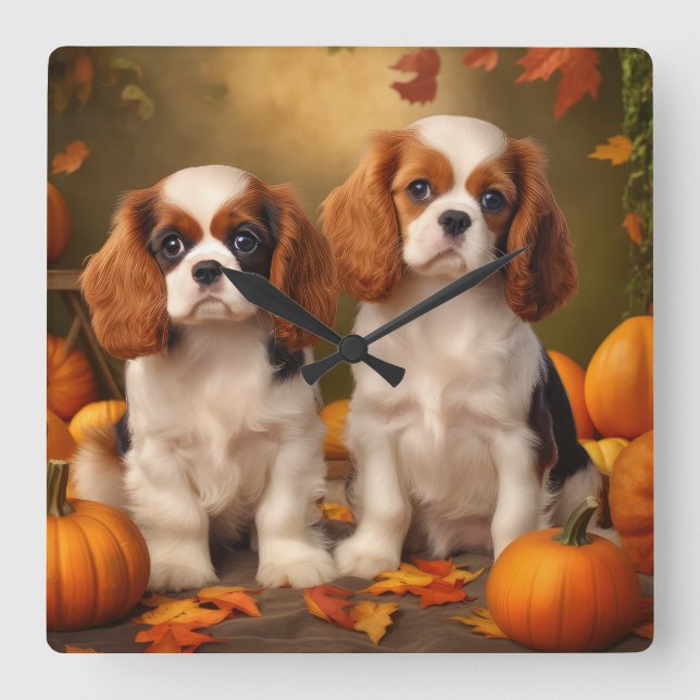 Horloge Carrée Cavalier King Charles Spaniel Chiot Citrouille d'a (Recto)