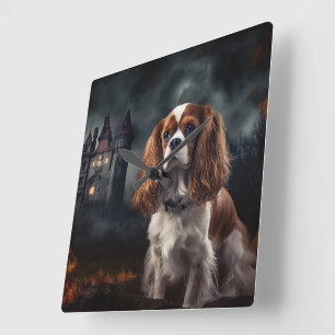 Horloge Carrée Cavalier King Charles Spaniel Halloween effrayant