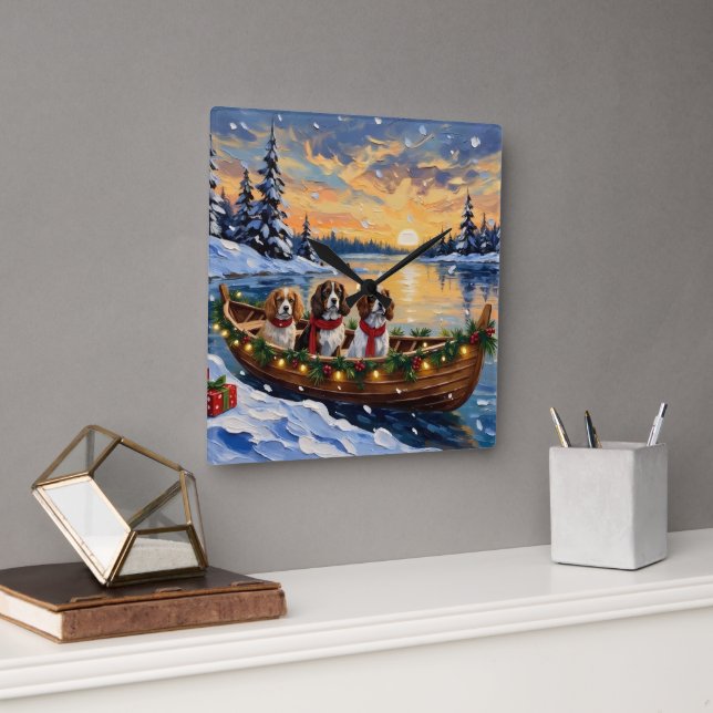 Horloge Carrée Cavalier King Charles Spaniel Noël Bateau (Bureau)