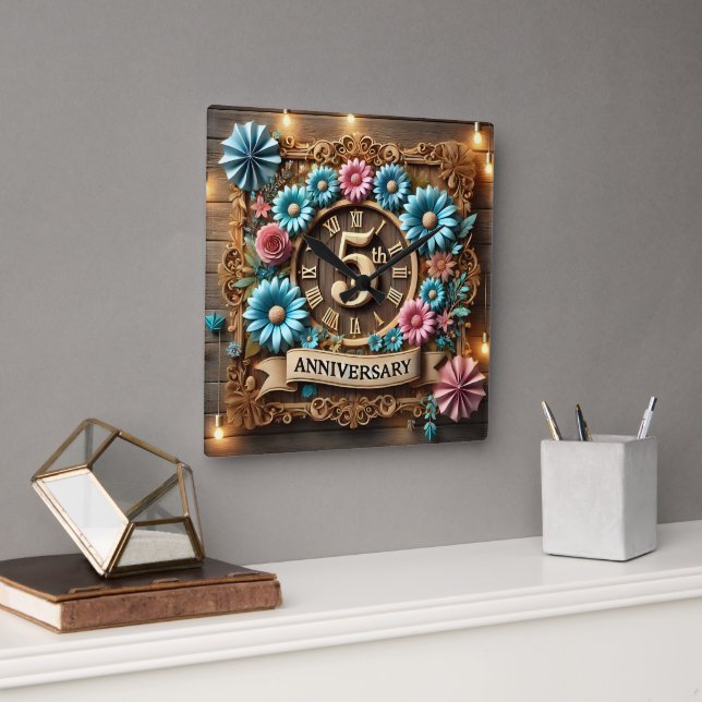 Horloge Carrée Célébration luxueuse de 5 ans de mariage (Bureau)