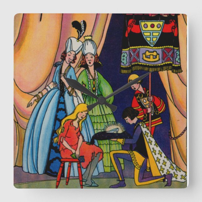 Horloge Carrée Cendrillon, le prince et la glissière de verre (Recto)