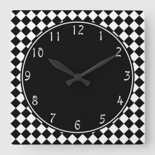 Horloge Carrée cercle noir sur motif damier blanc