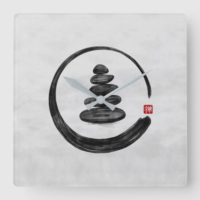 Horloge Carrée Cercle Zen Enso et pierres Zen - Aquarelle (Recto)