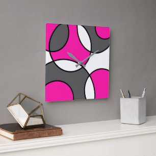 Horloge Carrée Cercles Abstraits gris rose chaud noir blanc