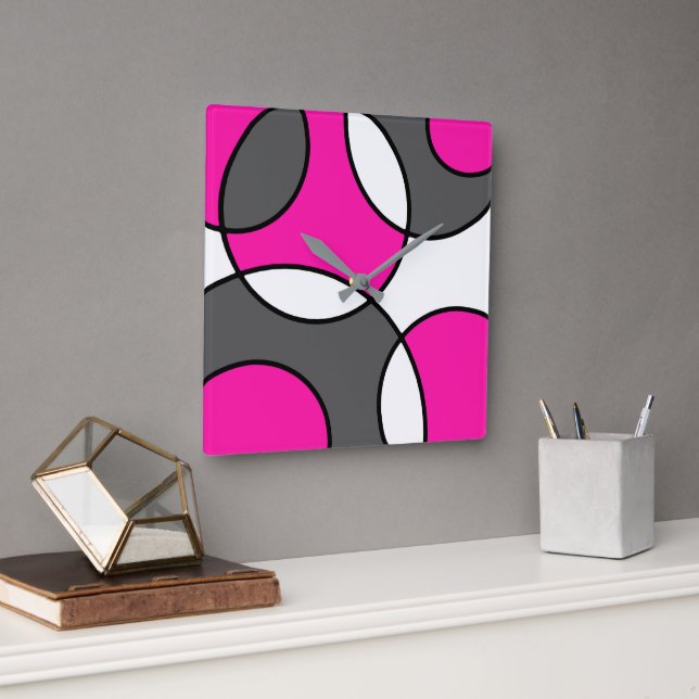 Horloge Carrée Cercles Abstraits gris rose chaud noir blanc (Bureau)