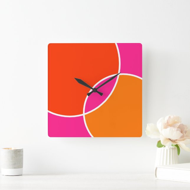 Horloge Carrée Cercles d'orange rose corail (Maison)