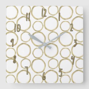 Horloge Carrée Cercles dorés et blanc moderne tendance chic