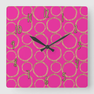 Horloge Carrée Cercles dorés et rose vif Moderne Chic tendance