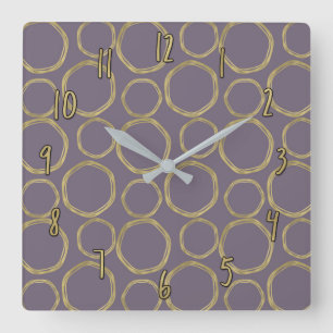 Horloge Carrée Cercles dorés & Taupe rustique Violet Moderne Chic