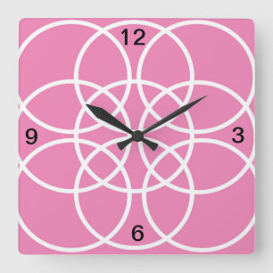 Horloge Carrée Cercles spiraux blancs sur rose