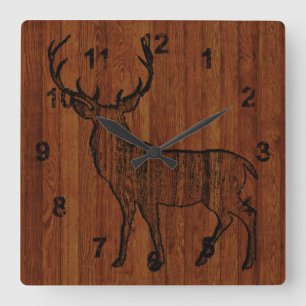 Horloge Carrée Cerf Buck Taillé Dans Du Bois Imprimé