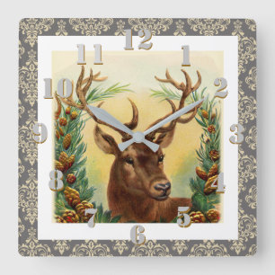 Horloge Carrée Cerf de campagne rustique Noël vintage élégant