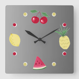 Horloge Carrée Cerisier, ananas, citron et pastèque grand cou