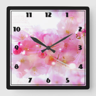 Horloge Carrée Cerisier japonais aux fleurs rose pastel
