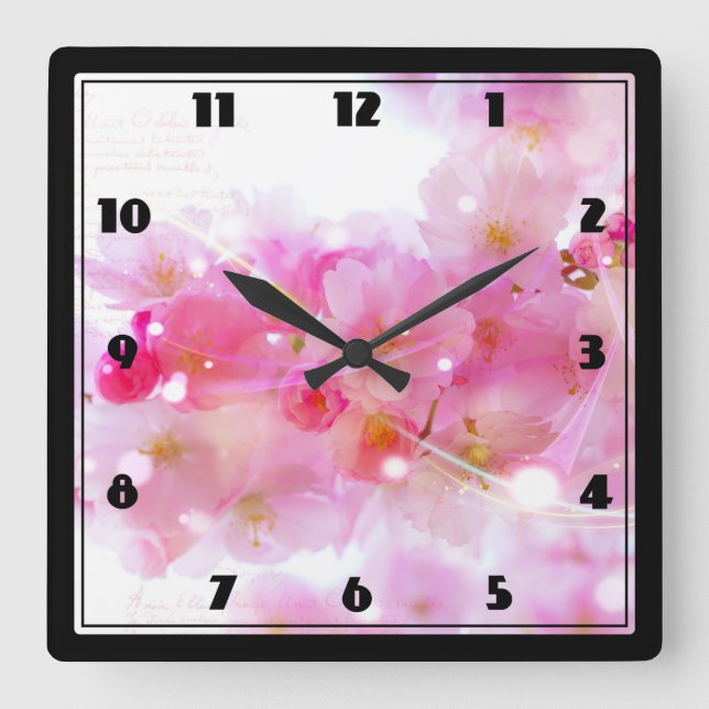 Horloge Carrée Cerisier japonais aux fleurs rose pastel (Recto)