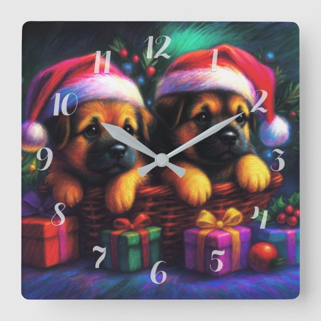 Horloge Carrée Chalk Dessin deux mignonnes chiots à Santa Hats (Recto)