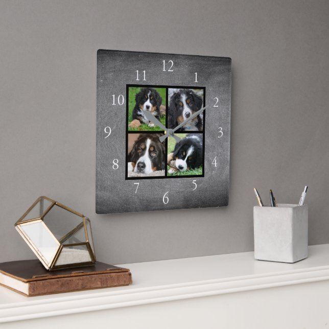 Horloge Carrée Chalkboard Family custom photo collage (Bureau)