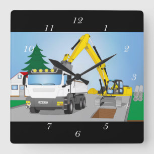 Horloge Carrée Chantier de route avec camion blanc et excavateur 