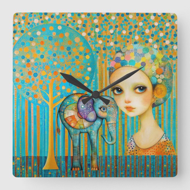 Horloge Carrée Charme des éléphants (Recto)