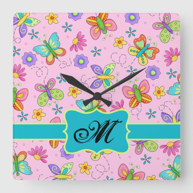 Horloge Carrée Charming Whimsy Butterflies Pink Monogramme (Recto)