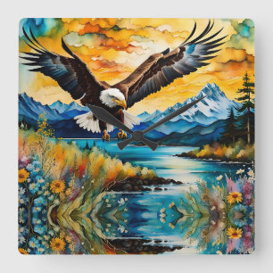 Horloge Carrée Chasse à l'aigle à tête blanche en fleur sauvage